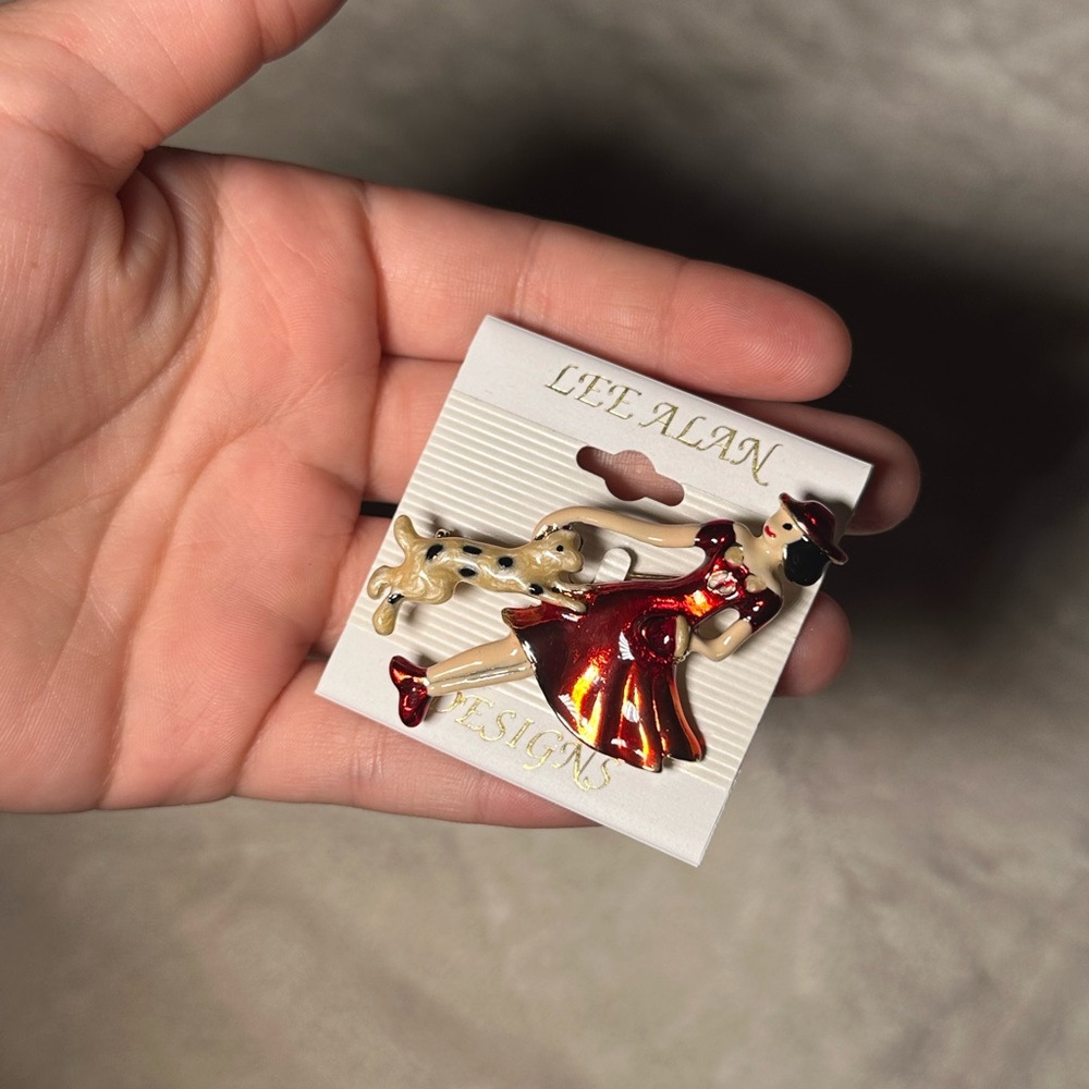 Red and Gold Woman with Dog Brooch